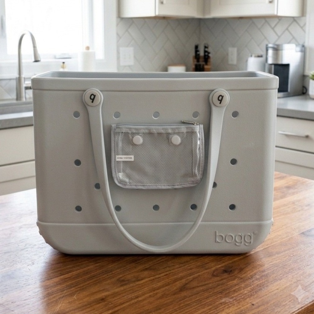 Bogg Bag Large Open Tote Grey Waterproof Washable Beach Bag with Two Pouches